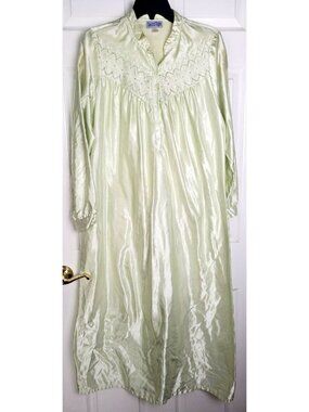 Sleep Tight Nightgown Medium Green Satiny Modest Cottage Granny Long Sleeve #C33